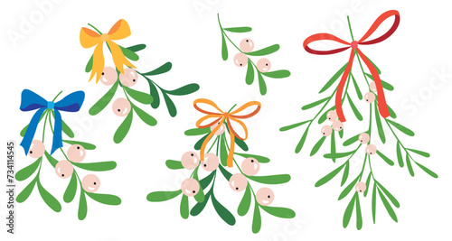 Mistletoe branches with bow and ribbons. Mistletoe or Viscum Branches with Oblong Leaves and Berries Tied in Ribbons Vector Set