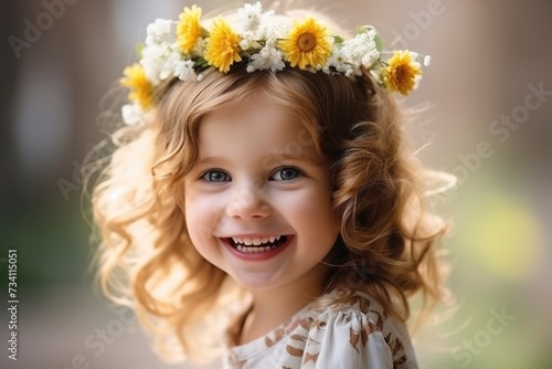 A smiling young girl with wavy hair and a floral headband looking at the camera, radiating happiness and innocence.