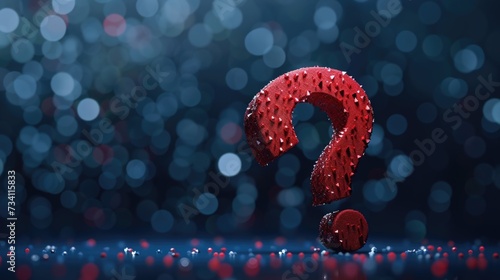 A red question mark sitting on top of a table. Can be used to symbolize confusion or uncertainty