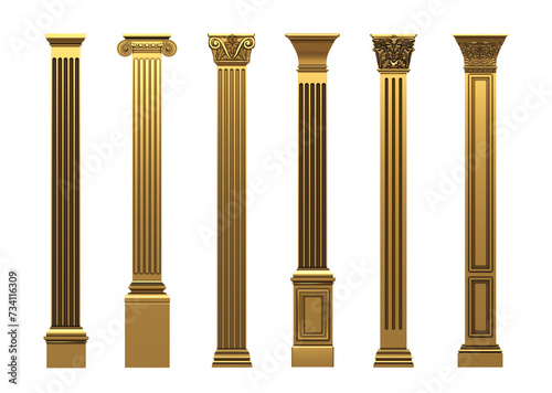 Set of different classic golden columns pilasters