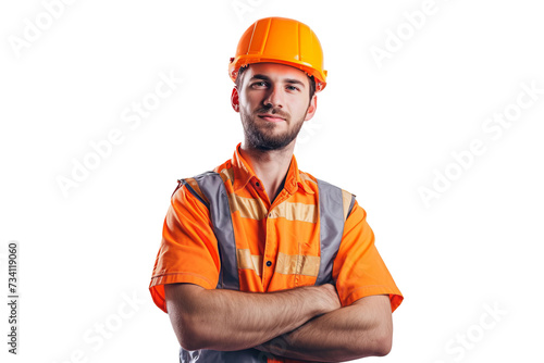 Smart young engineer building or constructor worker with safety uniform, vest and safety hat isolated on transparent background, planning project.