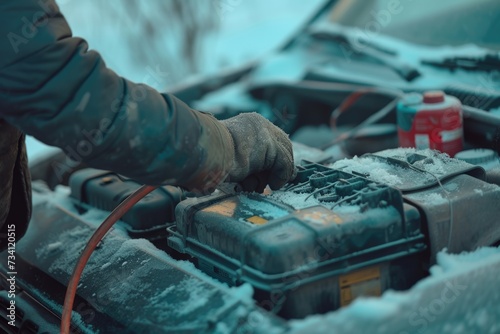 A person utilizing a car battery in snowy conditions. This image can be used to depict winter car maintenance or the importance of preparedness in cold weather