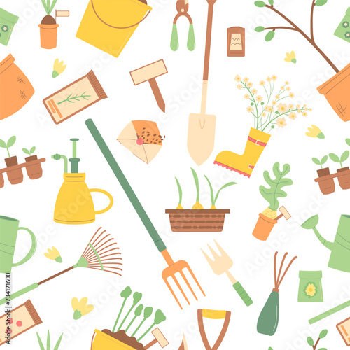 Gardening equipment seamless pattern. Spring horticulture tools endless background. planting and work in backyard cover. Vector flat illustration