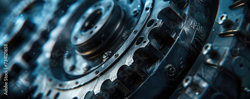 A close up view of the gears of a machine. This image can be used to illustrate the inner workings of a mechanical device