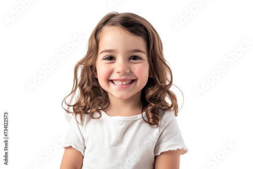 Studio portrait of a cute happy little girl with a beautiful smile isolated on transparent png background.