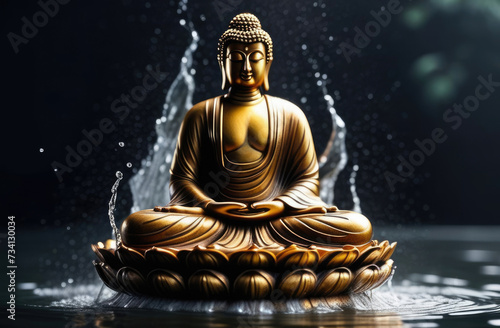 Songkran, Thai New Year, bronze Buddha statue in water, sacred deity, drops and splashes, dark background