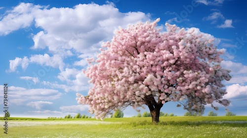 Spring time in nature with blooming tree. Blossoming cherry sakura tree on a green field with a blue sky and clouds