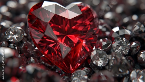 a diamond heart shaped red sapphire surrounded by white gem Generative AI