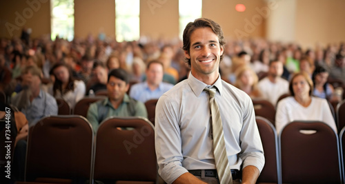 Portrait of a smiling businessman in conference hall with audience in background