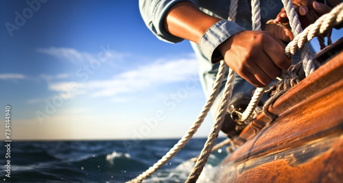 Closeup of a man's hand pulling the rope on a sailboat