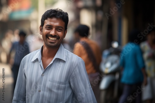 Indian man walking street smiling happy