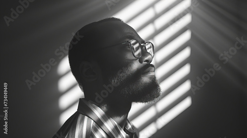 Natural candid shot, workplace group discussion on psychological safety and elevating voices: encouraging authentic expression for workplace mental health. Close-up of black man wearing glasses