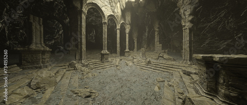 Fantasy old medieval temple ruin in a rocky mountain cave with crumbling stone columns. Wide cinematic 3D illustration.