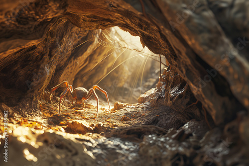Spider crawling in the cave. Dangerous insect from fairytale.