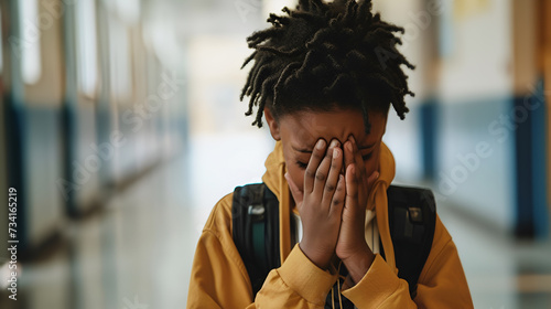 Upset black teenage boy covered his face with his hands while standing alone in the school hallway. Learning difficulties, emotions, bullying at school