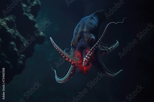 An eerie image of a deep-sea vampire squid lurking in the abyssal darkness