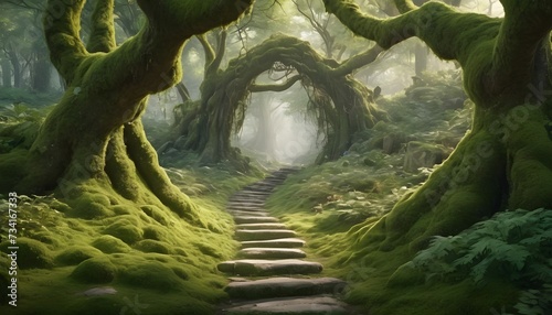 scene of a moss-covered stone path winding through a fairy-tale forest with trees arching overhead, creating a natural cathedral.