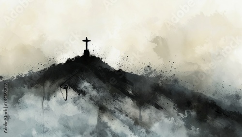 a cross on a hill surrounded by fog Generative AI