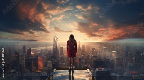 Businesswoman stands thoughtfully on a mountain overlooking a city with dramatic clouds in the sky
