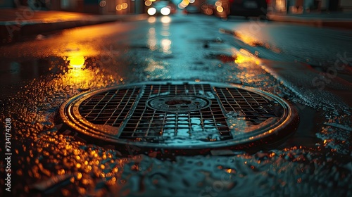 Urban infrastructure - sewer manhole on asphalt road, closeup