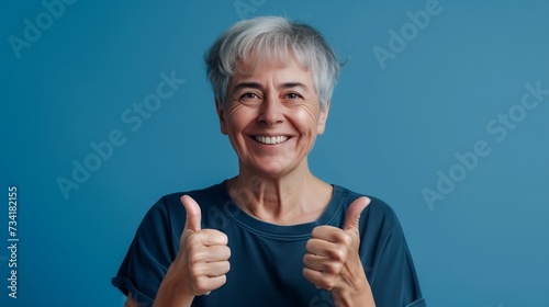 Seniorin zeigt Daumen hoch – Zustimmung, Aufbruch, Optimismus. Sie trägt ein dunkelblaues T-Shirt vor einer hellblauen Wand.