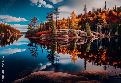 A panoramic view of the vivid fall colors along the shoreline of a secluded Northwoods lake. Vilas County, WI. Generative AI
