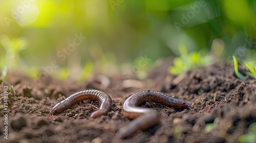 Garden biodiversity - two earthworms on wet soil, space for text stock photo