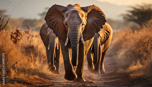 Elephant herd walking in African savannah at sunset generated by AI