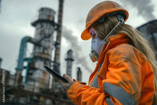 Worker woman wearing protection monitoring and measuring on digital device industrial parameters like air pollution, chemical contaminants for safety in industry