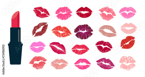 Set of Lipstick and kiss prints. Red, pink, purple, wine, magenta lips. Different shapes female sexy lips. Lips makeup. Female mouth. Imprint of kiss vector illustration isolated on white background.
