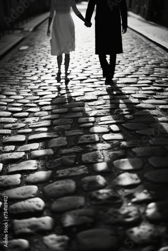 Black and white image of bride and groom holding hands and walking on a cobblestone street, capturing a moment of marital bliss.