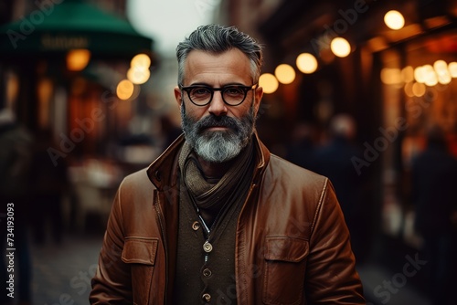 Portrait of a handsome bearded man in glasses and a brown leather jacket.