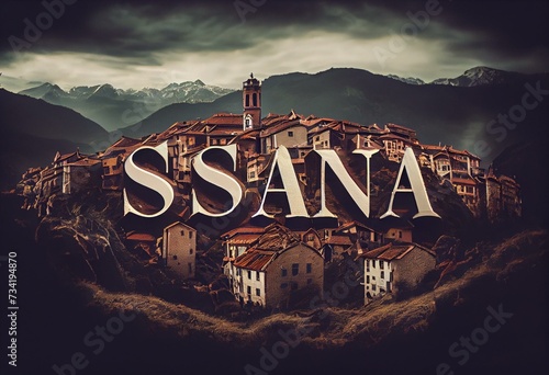 Sama: Der Name der spanischen Stadt Sama in der Region Asturias vor einem Hintergrundbild. Generative AI