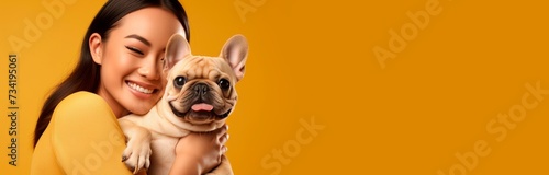 A joyful young woman with long dark hair and a bright smile is embracing a small fawn-colored French Bulldog. They are posed against a warm, solid yellow background that accentuates the affectionate i