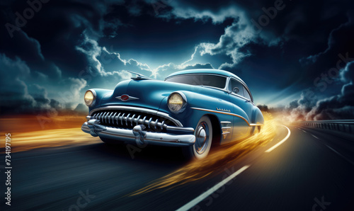 Poster illustration od Vintage beautiful car in movement with amazing background