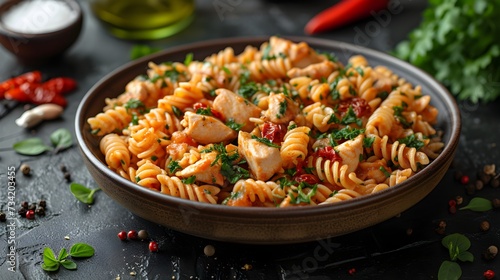 Italian cold pasta salad with fusilli tomato olive and arugula served in a brown bowl on a background