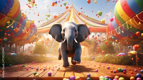 Polka-dotted elephants juggling rainbow-colored balloons in a whimsical circus tent
