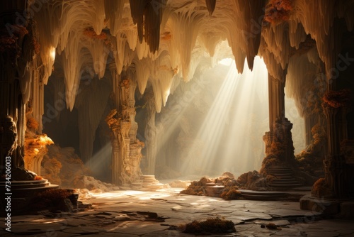Stalactites and stalagmites form a stunning underground world., generative IA