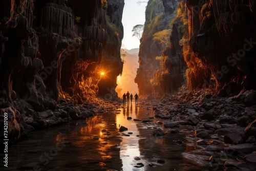 Speleologists explore cave with underground river., generative IA