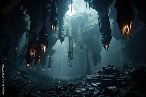 Mysterious stalactites in dark cave., generative IA