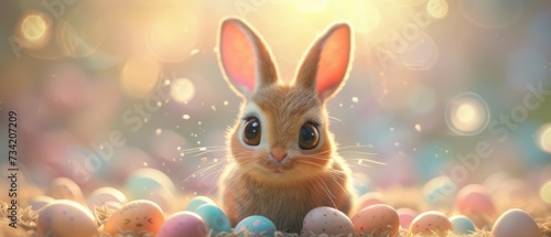 bunny ears and colored egg in a grass background. Easter bunny rabbit with colorful easter eggs on a sunny spring day. Easter egg hunt concept. Generative ai