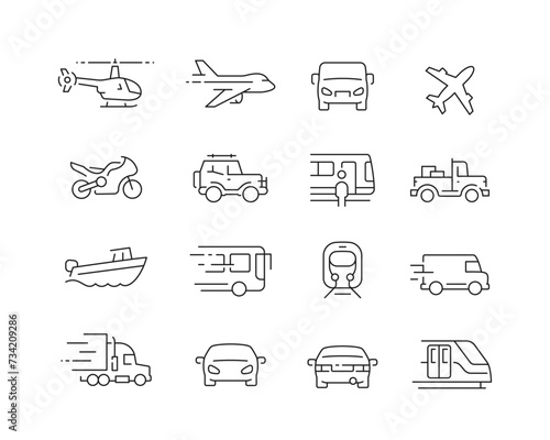Various Vehicles Icon collection containing 16 editable stroke icons. Perfect for logos, stats and infographics. Edit the thickness of the line in Adobe Illustrator (or any vector capable app).
