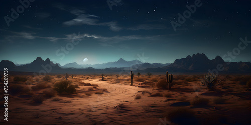 Sandy desert landscape at night with dark blue sky