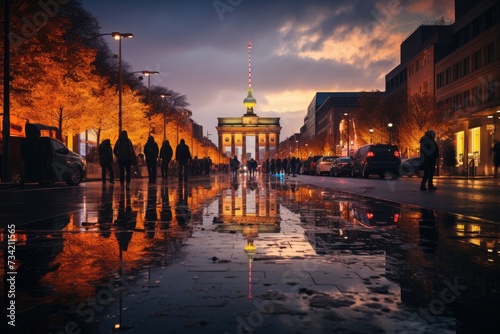 Brandenburg gate at dusk, vibrant scenario., generative IA