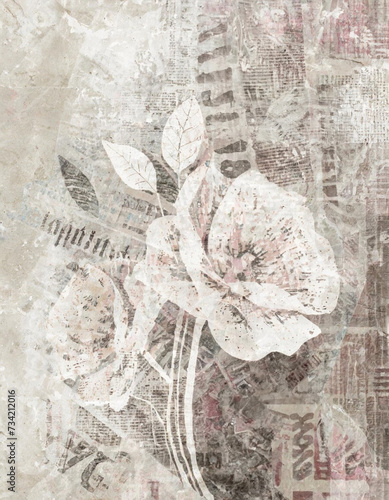 Tło, tapeta motyw kwiatowy i gazetowy kolaż w podwójnej ekspozycji. Generative AI