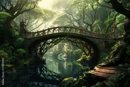 Oriental forest bridge. Oriental architecture. Generate Ai