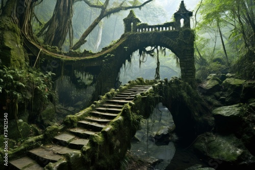 Serene Oriental forest bridge. Oriental architecture. Generate Ai