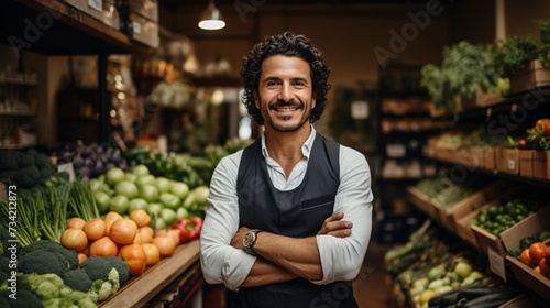 a man standing in a grocery store with his arms crossed