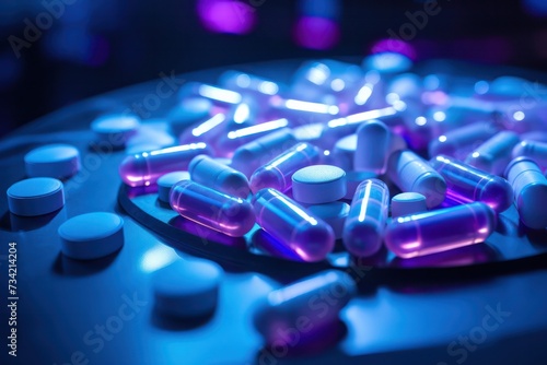 pills and capsules with blue purple neon light closeup in medical pharmaceutical laboratory. Science research. Looking for cure of cancer an autoimmune disease. Opioid painkiller crisis.