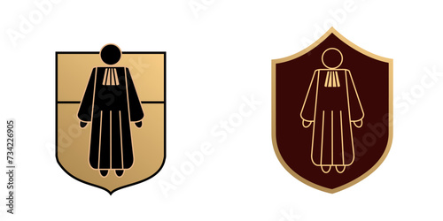 2 logos, étiquettes, écussons ou blasons pour représenter le métier d’avocat, avec un pictogramme d’un personnage vêtu de l’uniforme correspondant à son métier.